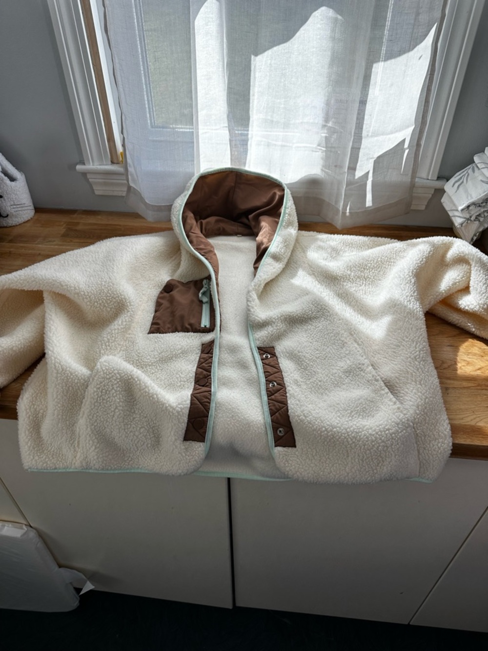 Cream Sherpa Jacket with Brown & turquoise Trim size Large